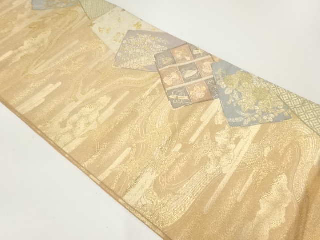 色紙に花古典柄模様織出し袋帯